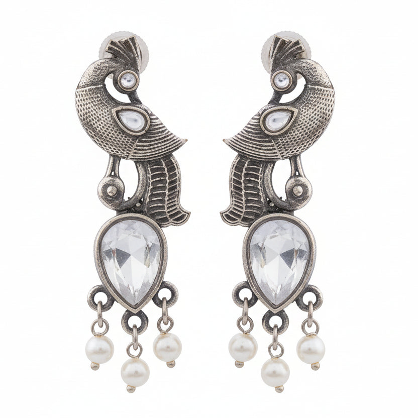 Morisha- Silver Brass Stone-Studded dangler earrings(White)