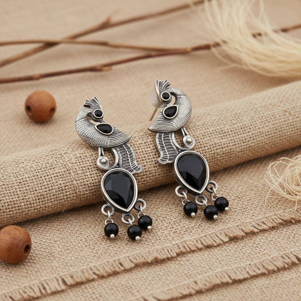 Morisha- Silver Brass Stone-Studded dangler earrings(Black)