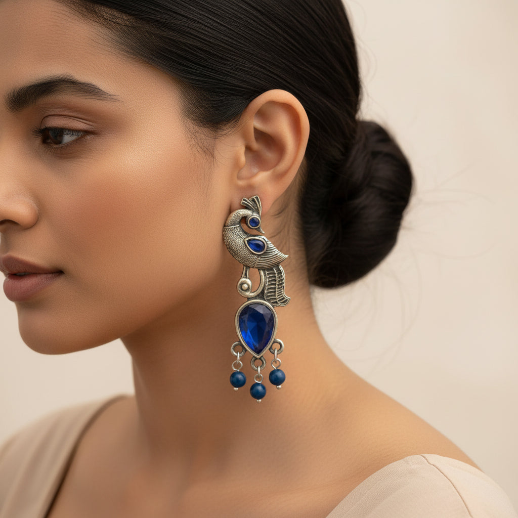 Morisha- Silver Brass Stone-Studded dangler earrings(Blue)