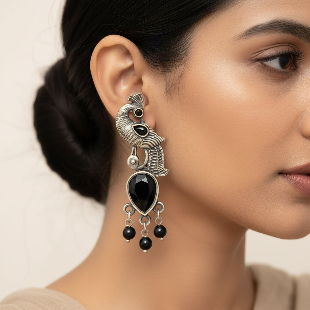 Morisha- Silver Brass Stone-Studded dangler earrings(Black)