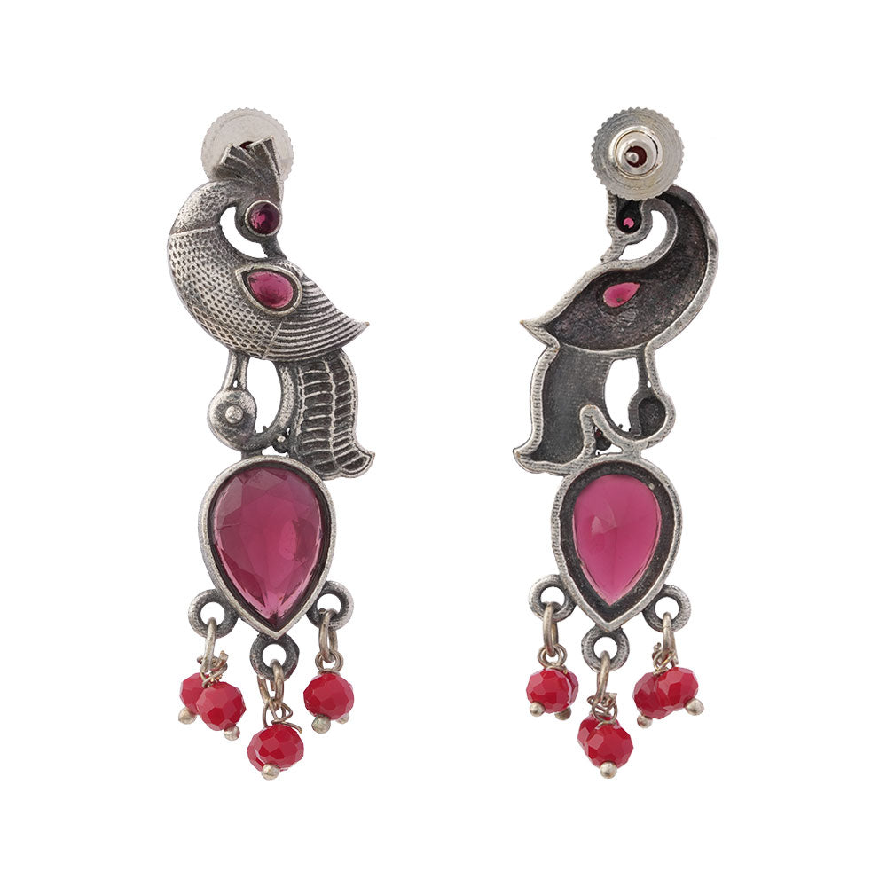 Morisha- Silver Brass Stone-Studded dangler earrings(Red)