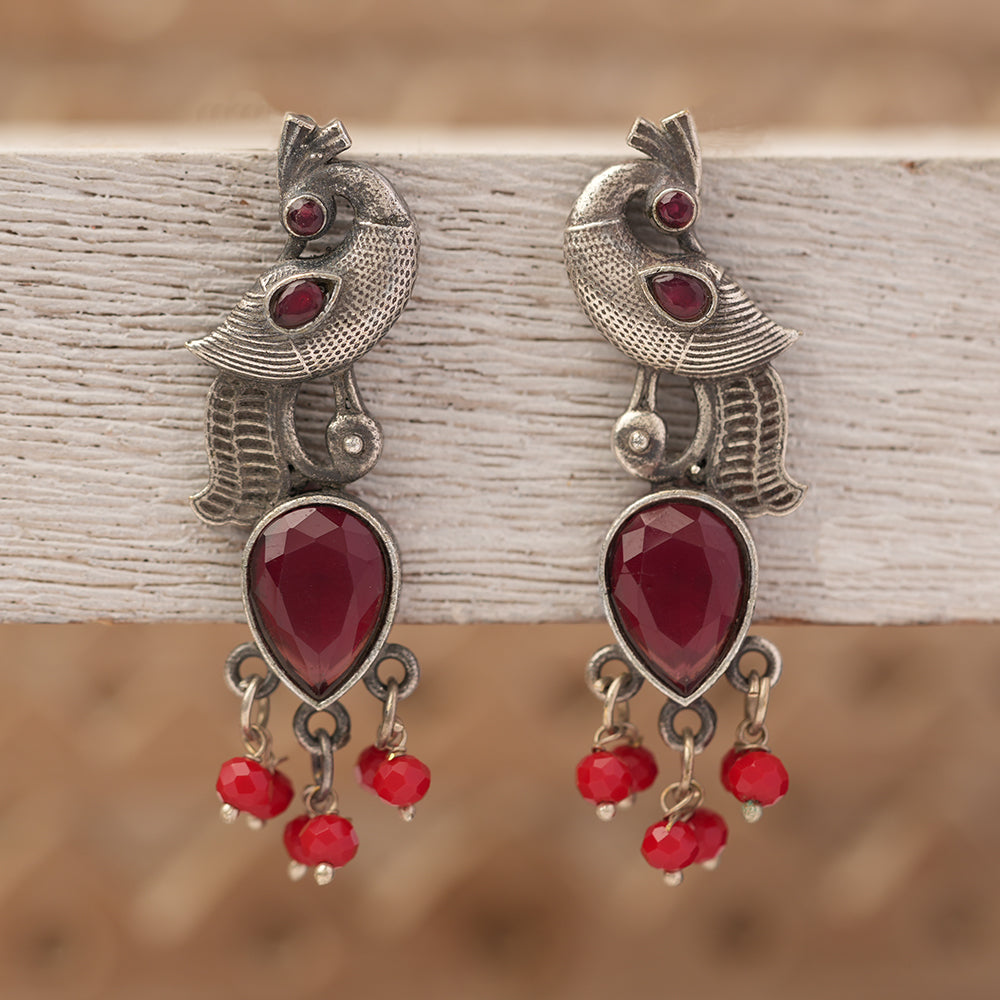 Morisha- Silver Brass Stone-Studded dangler earrings(Red)