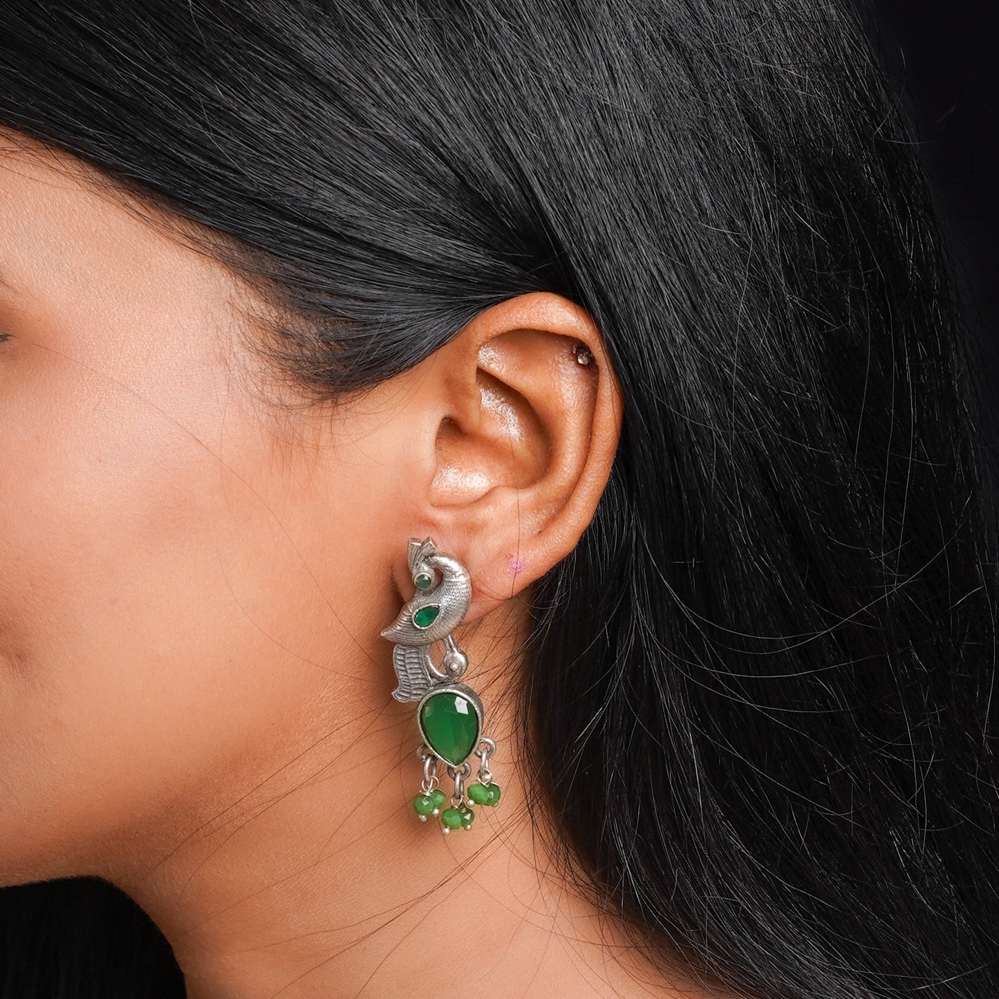 Morisha- Silver Brass Stone-Studded dangler earrings(Green)