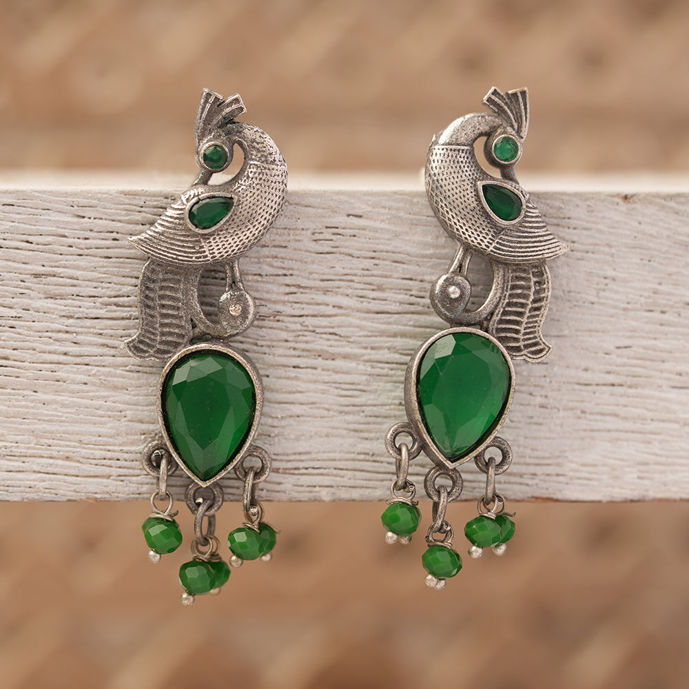 Morisha- Silver Brass Stone-Studded dangler earrings(Green)