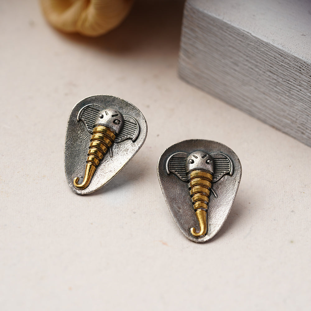 Gajmukh- Silver Brass Oxidised stud Earrings