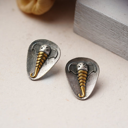 Gajmukh- Silver Brass Oxidised stud Earrings