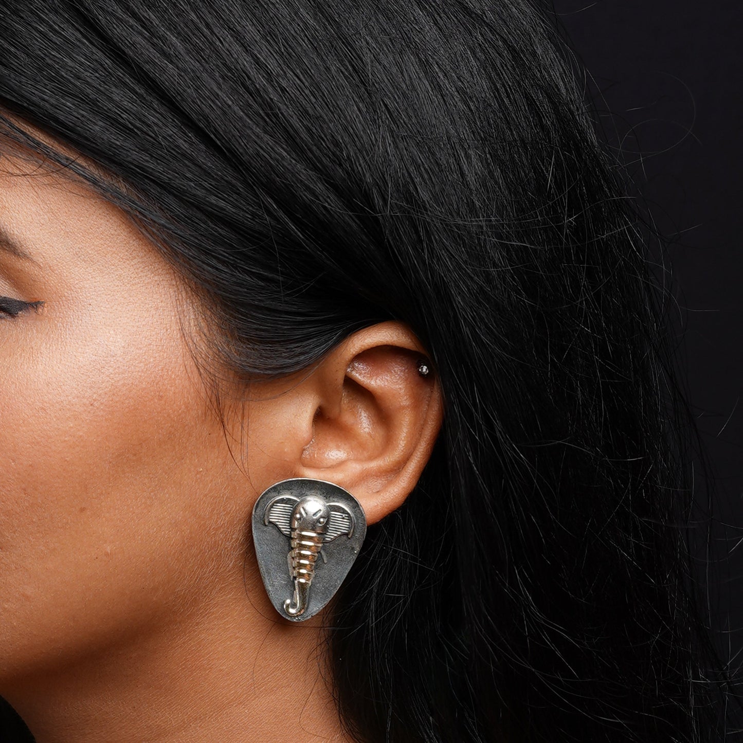 Gajmukh- Silver Brass Oxidised stud Earrings