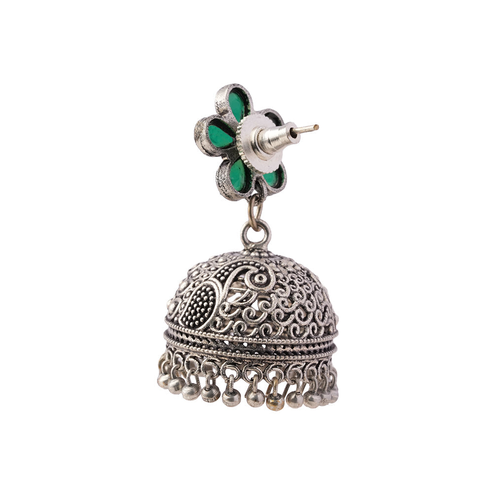 Champika- Silver Brass Stone-Studded Jhumka Earrings(Green)