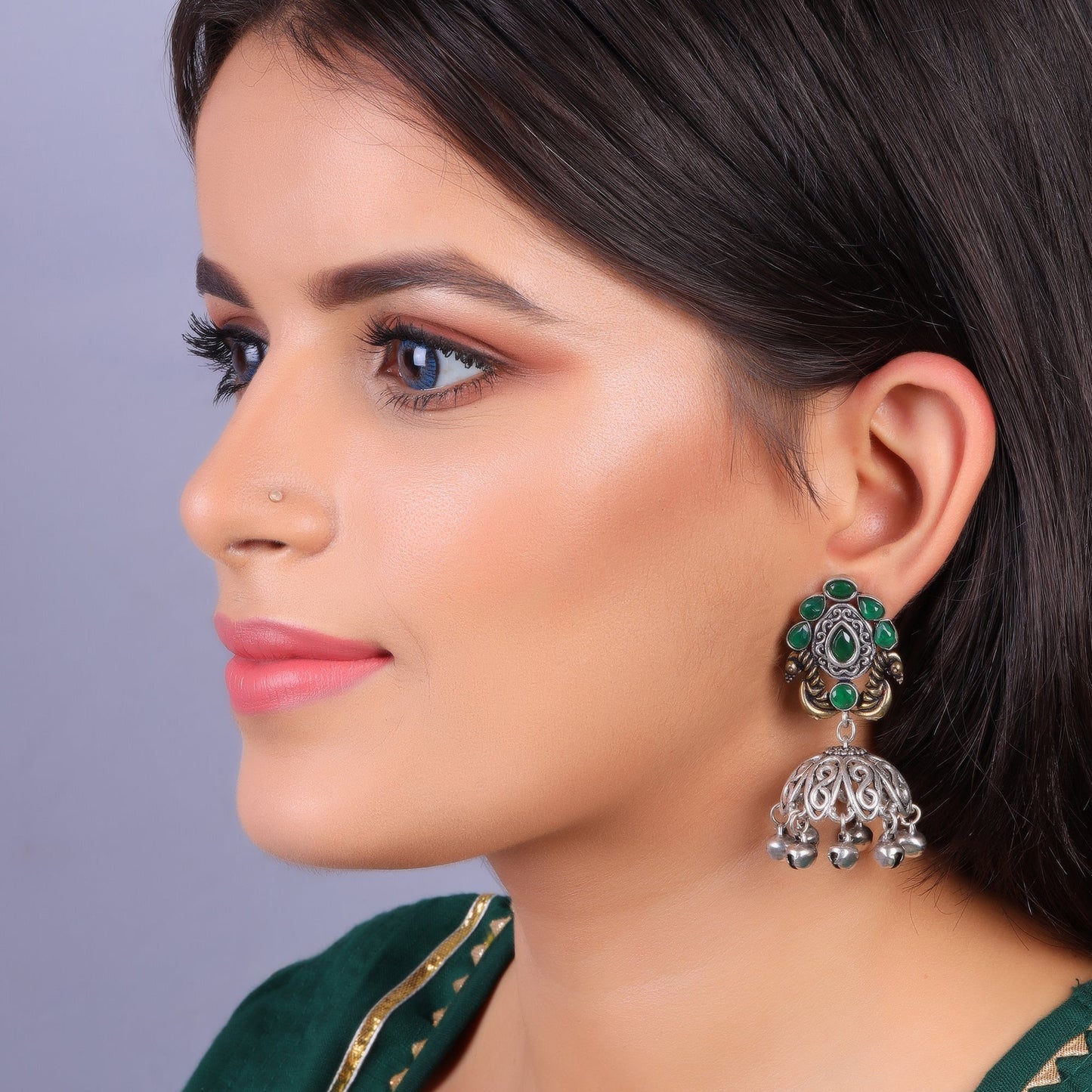 Kusumeyura- Silver Brass Stone-Studded Jhumka Earrings(Green)