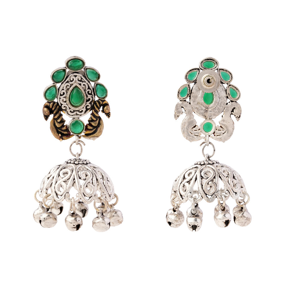 Kusumeyura- Silver Brass Stone-Studded Jhumka Earrings(Green)