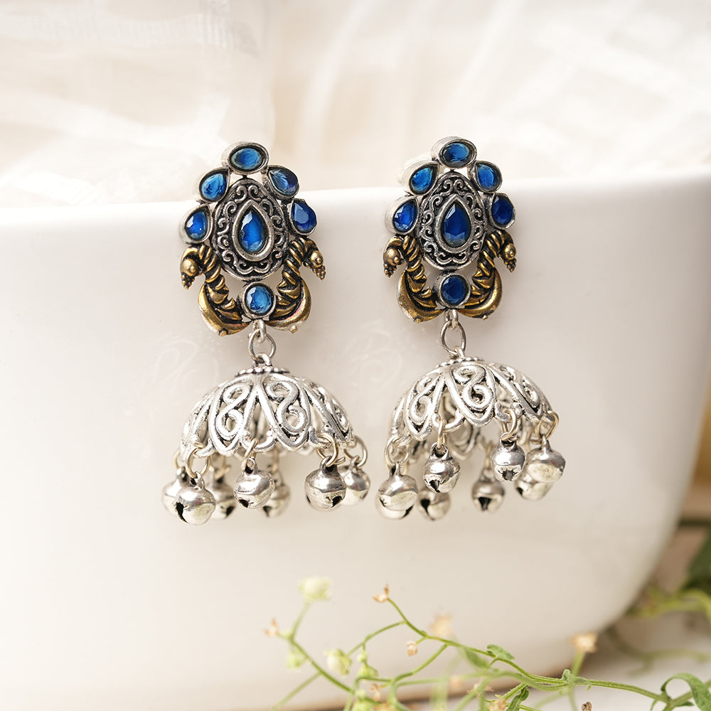 Kusumeyura- Silver Brass Stone-Studded Jhumka Earrings(Blue)