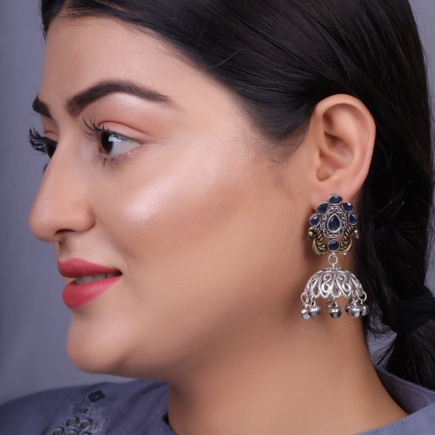 Kusumeyura- Silver Brass Stone-Studded Jhumka Earrings(Blue)
