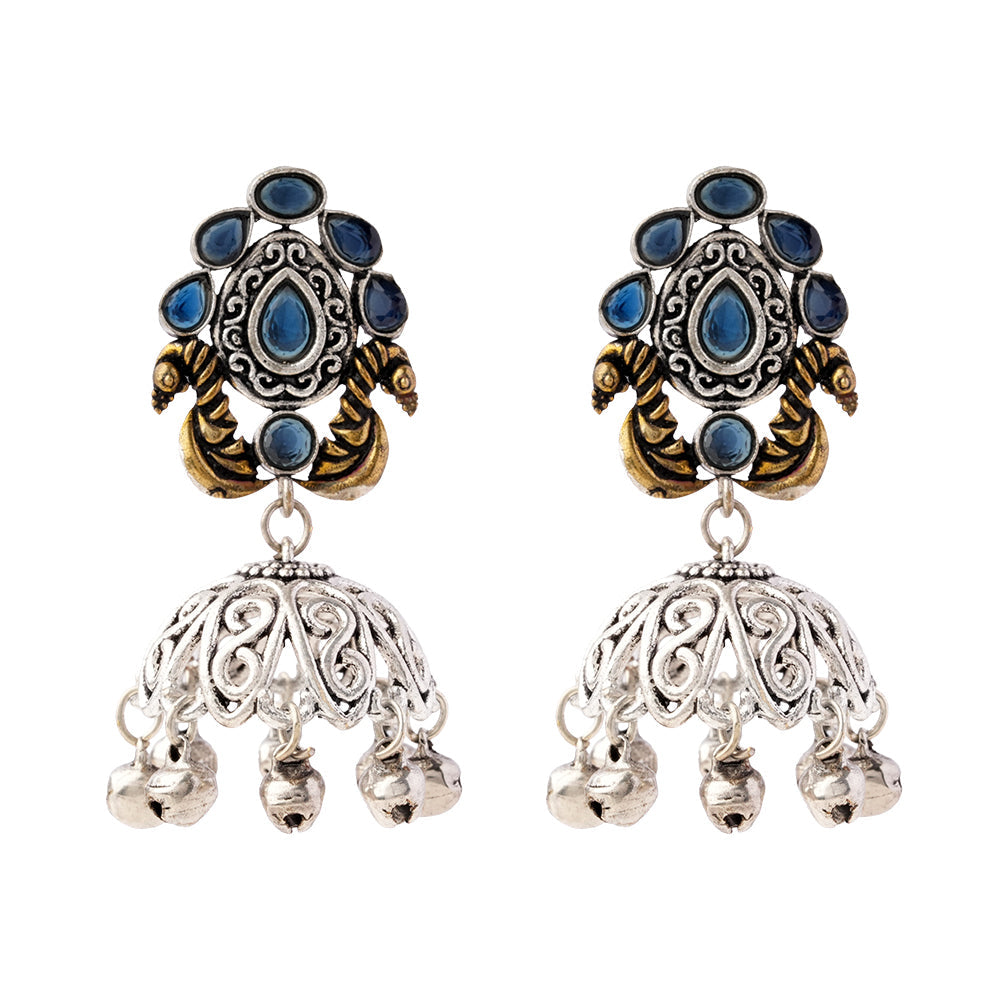 Kusumeyura- Silver Brass Stone-Studded Jhumka Earrings(Blue)