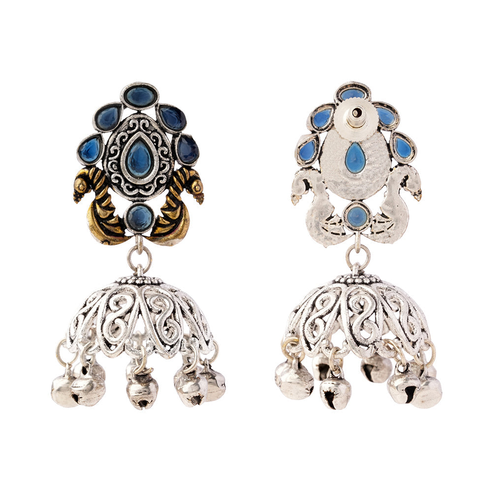 Kusumeyura- Silver Brass Stone-Studded Jhumka Earrings(Blue)