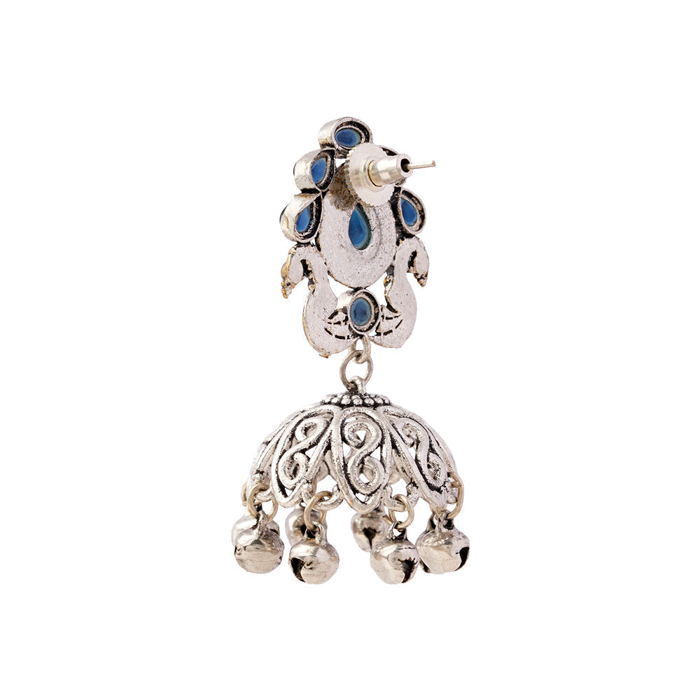 Kusumeyura- Silver Brass Stone-Studded Jhumka Earrings(Blue)