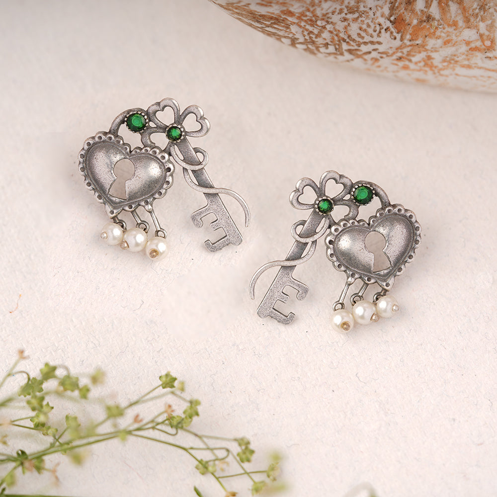 Kunjika- Silver Brass Oxidised dangler earrings (Green)