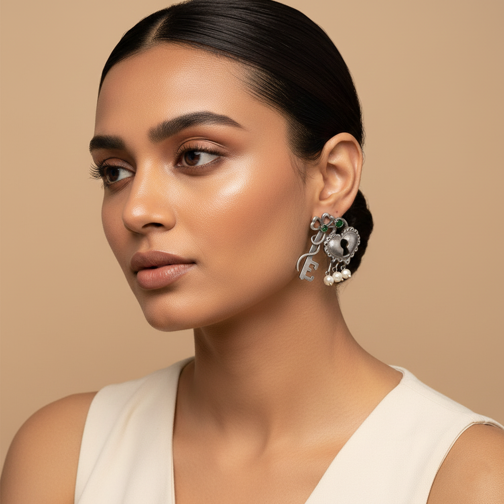 Kunjika- Silver Brass Oxidised dangler earrings (Green)