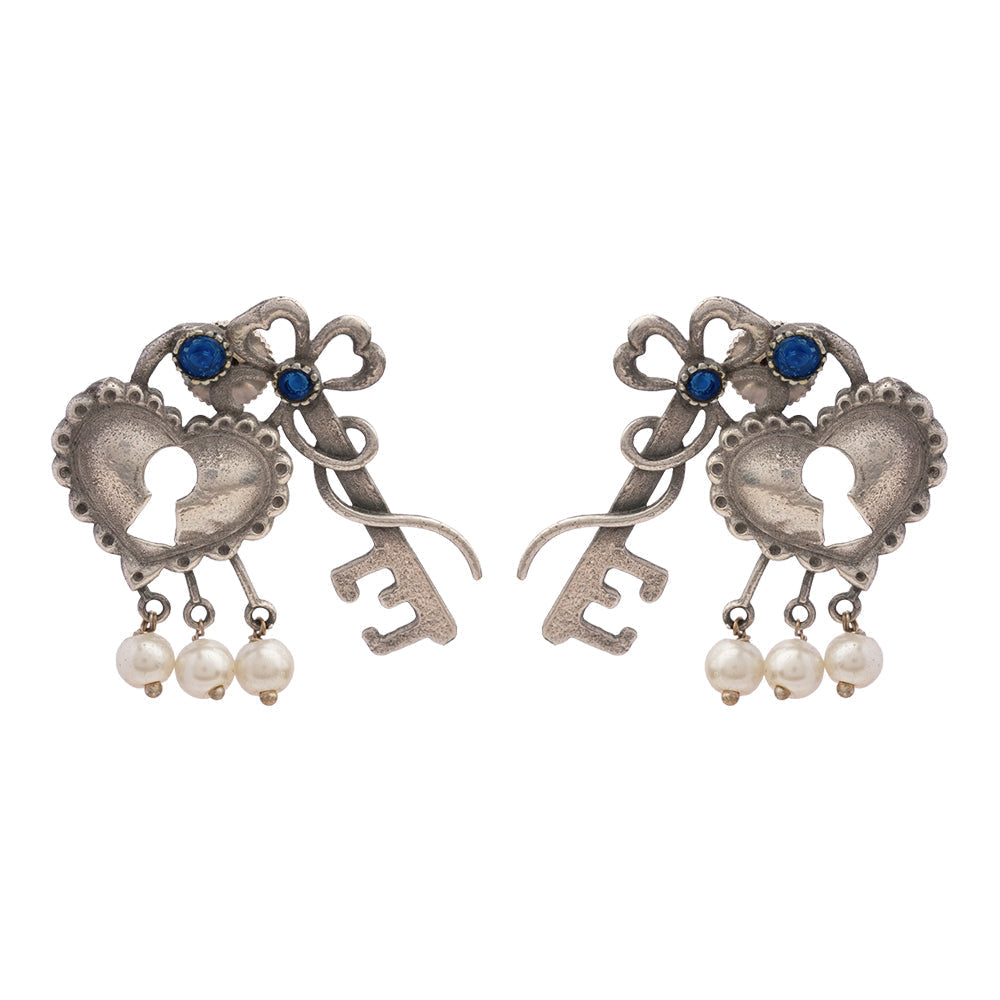 Kunjika- Silver Brass Oxidised dangler earrings (Blue)
