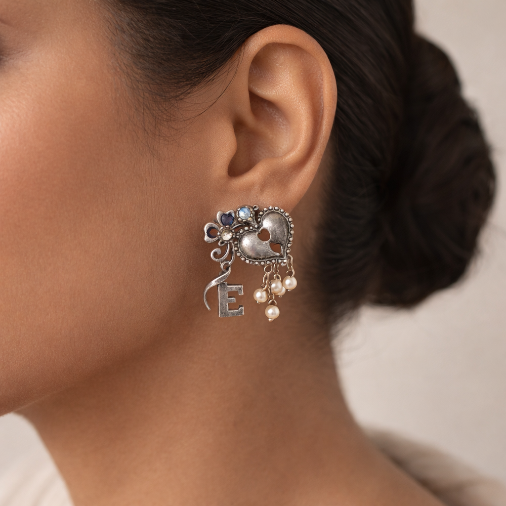 Kunjika- Silver Brass Oxidised dangler earrings (White)