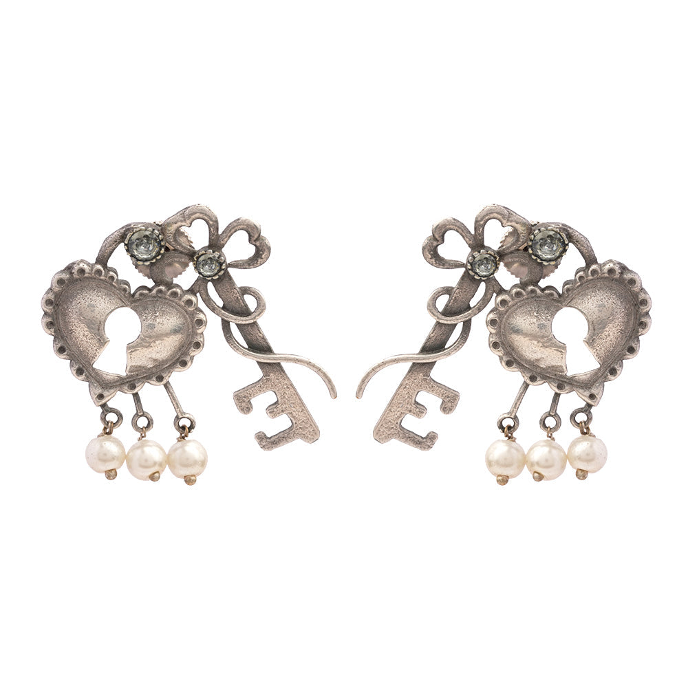 Kunjika- Silver Brass Oxidised dangler earrings (White)