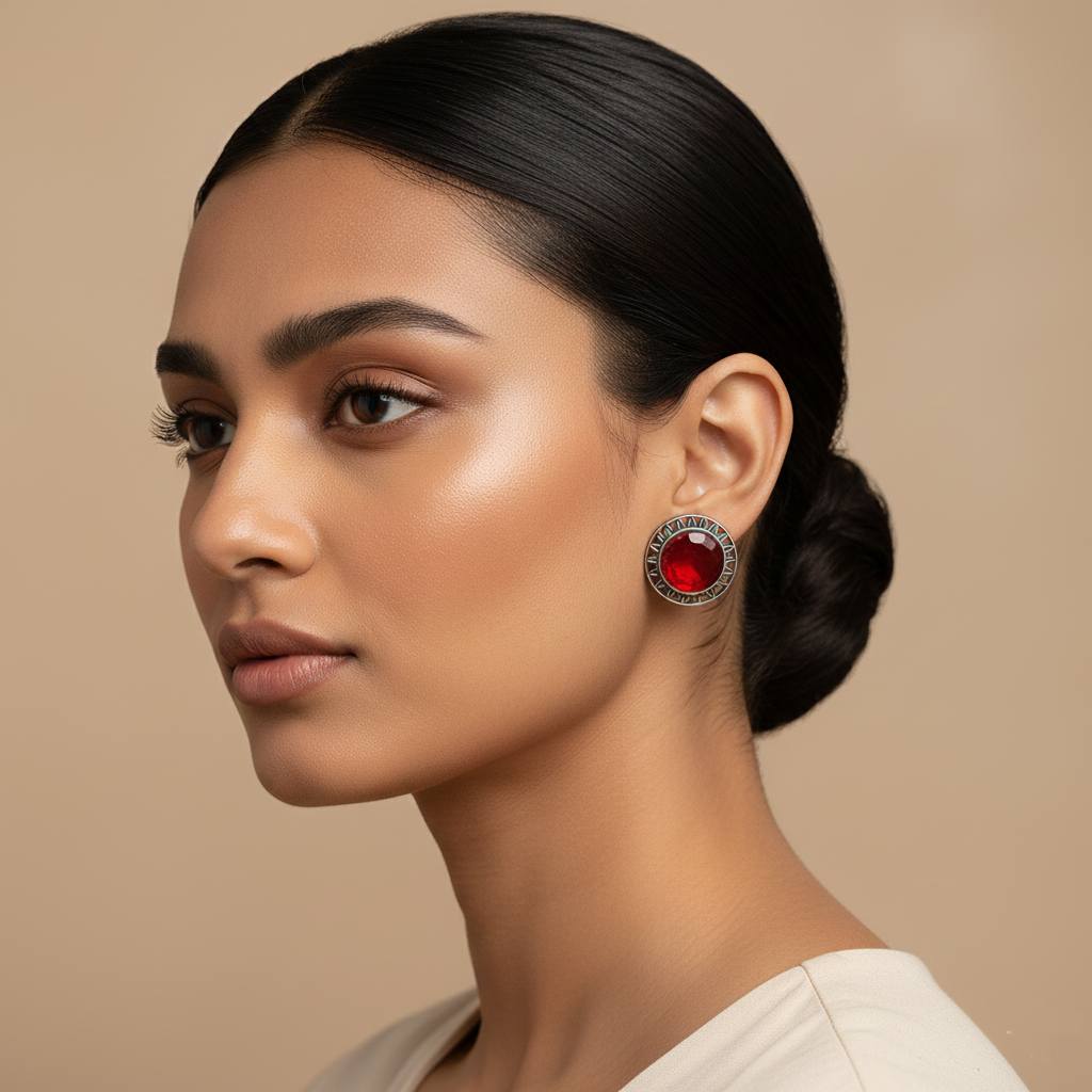 Manikya- Silver Brass Stone-Studded Stud Earrings(Red)