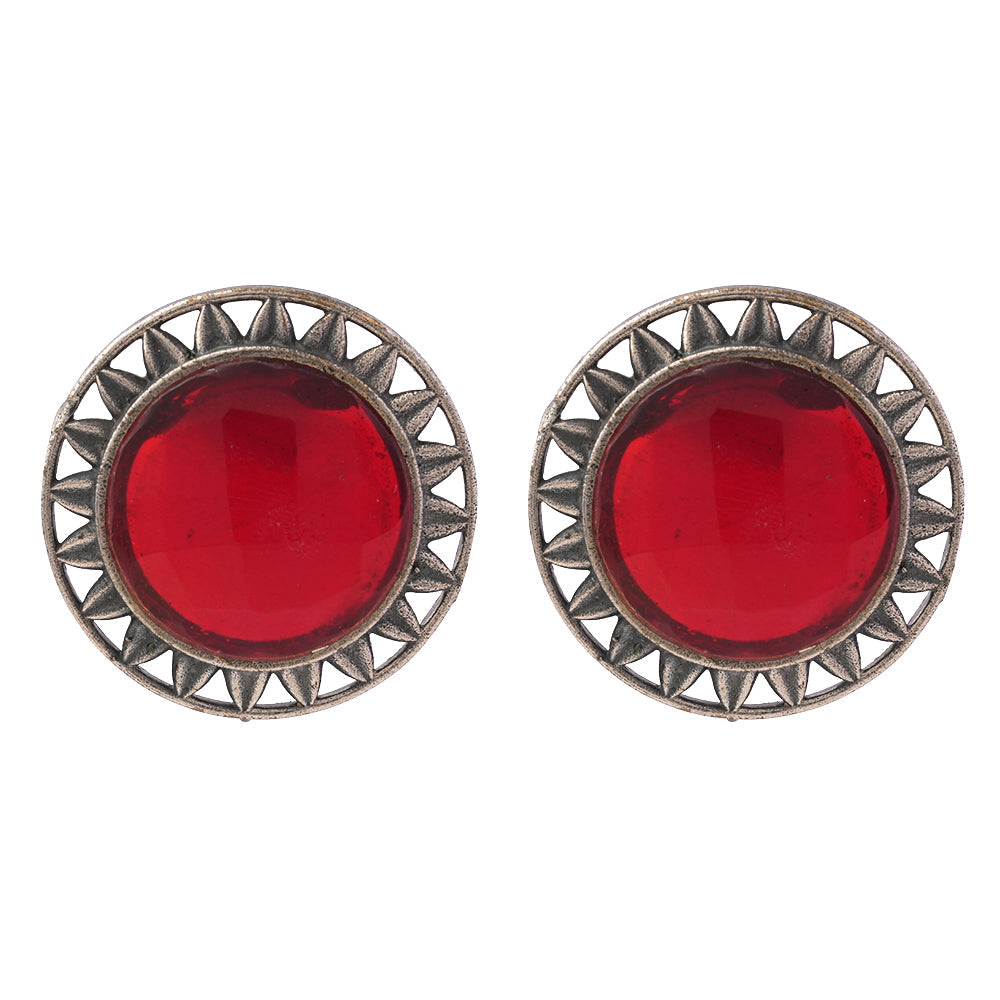 Manikya- Silver Brass Stone-Studded Stud Earrings(Red)