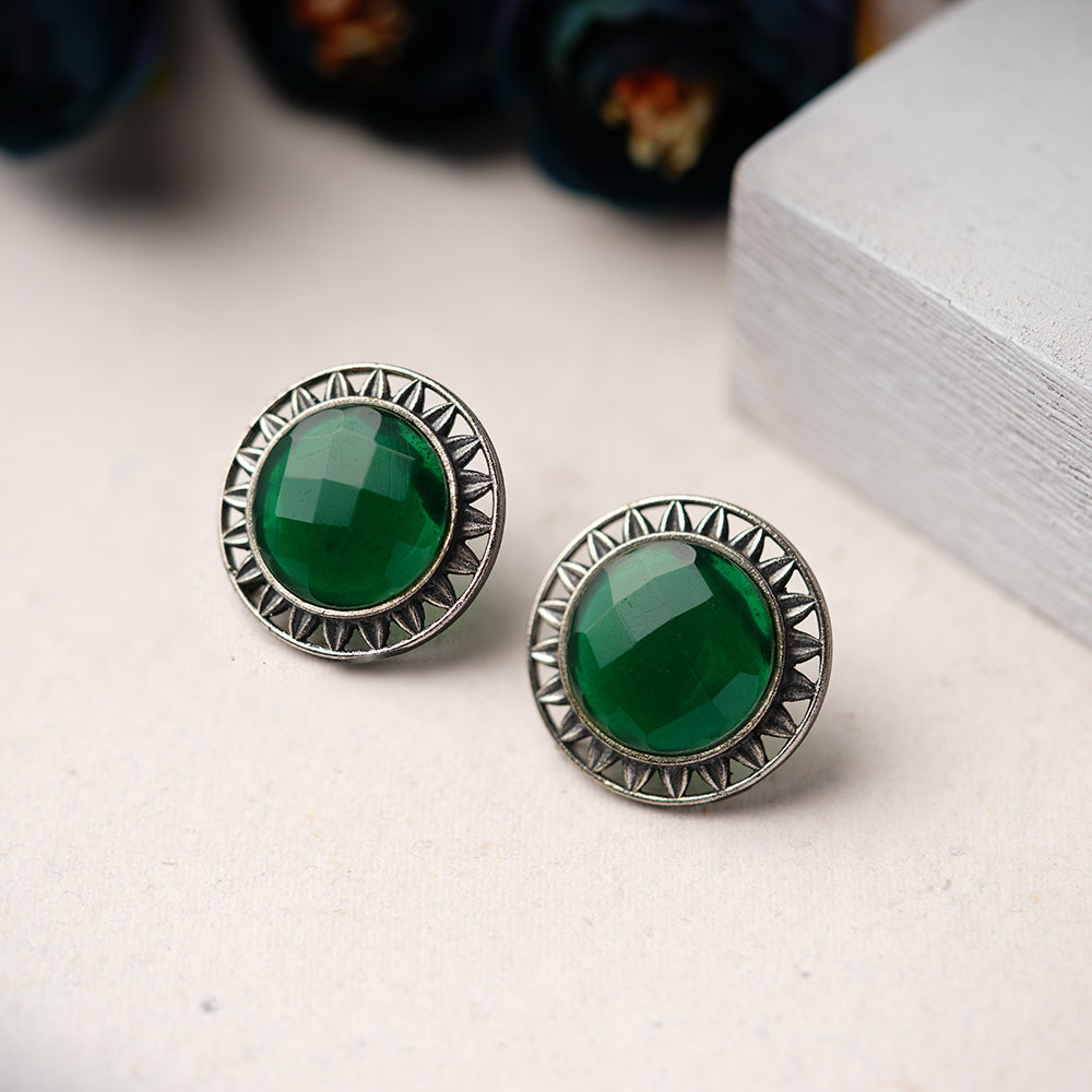 Manikya- Silver Brass Stone-Studded Stud Earrings(Green)