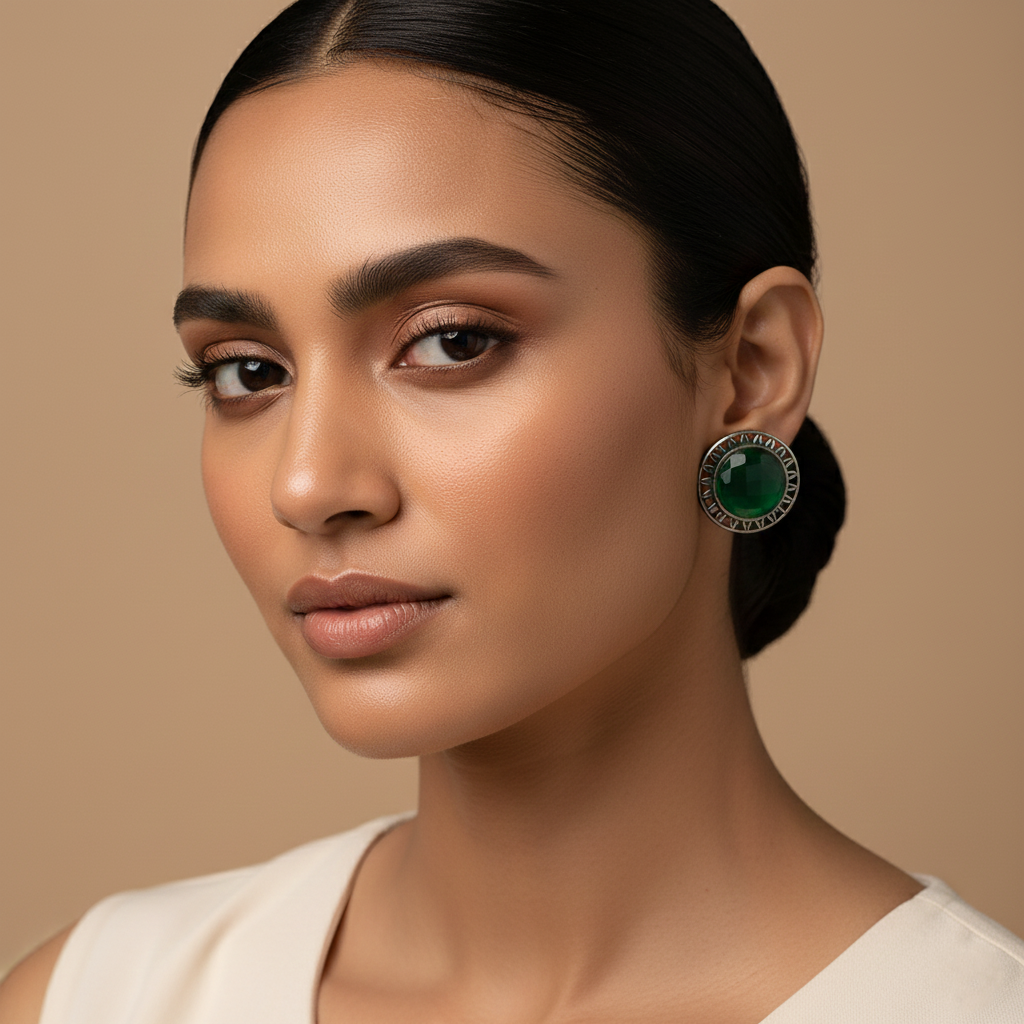 Manikya- Silver Brass Stone-Studded Stud Earrings(Green)