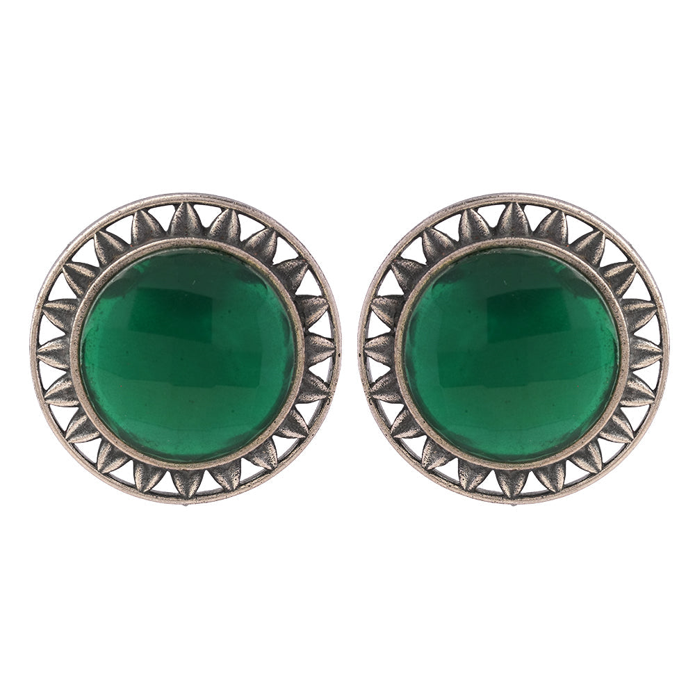 Manikya- Silver Brass Stone-Studded Stud Earrings(Green)