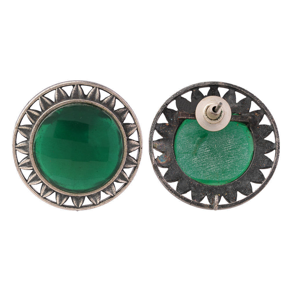 Manikya- Silver Brass Stone-Studded Stud Earrings(Green)