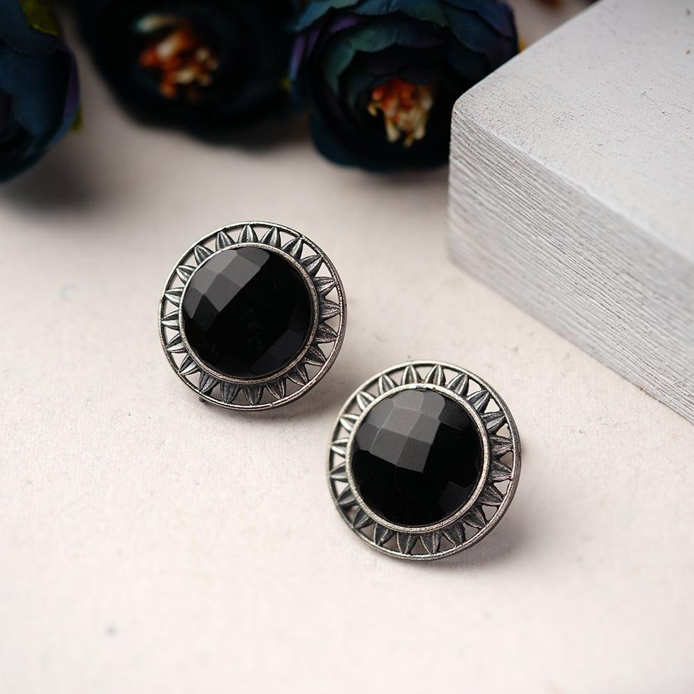 Manikya- Silver Brass Stone-Studded Stud Earrings(Black)