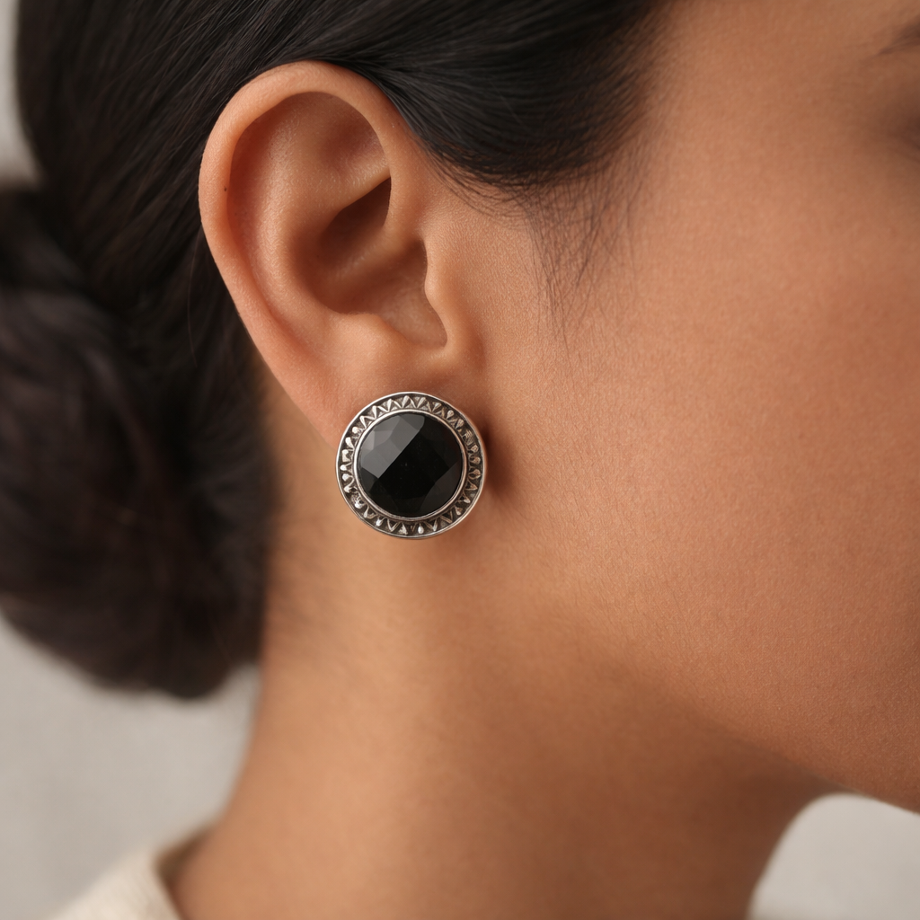 Manikya- Silver Brass Stone-Studded Stud Earrings(Black)