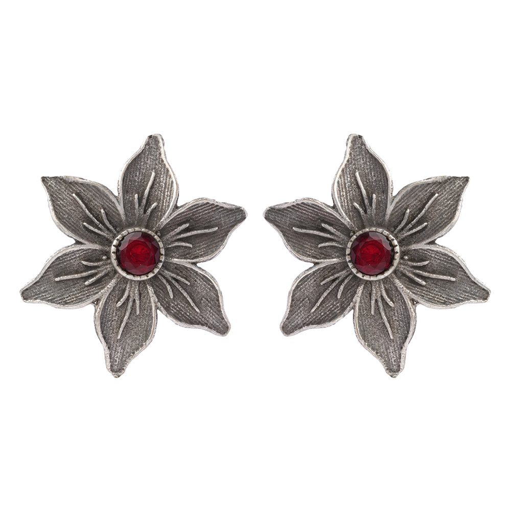 Juhi- Silver Brass Stone-Studded Stud Earrings(Red)