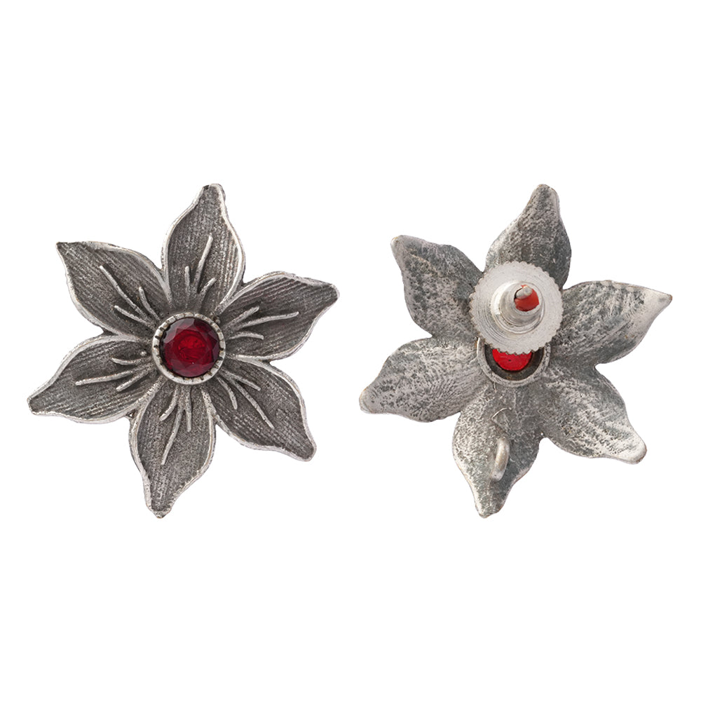 Juhi- Silver Brass Stone-Studded Stud Earrings(Red)