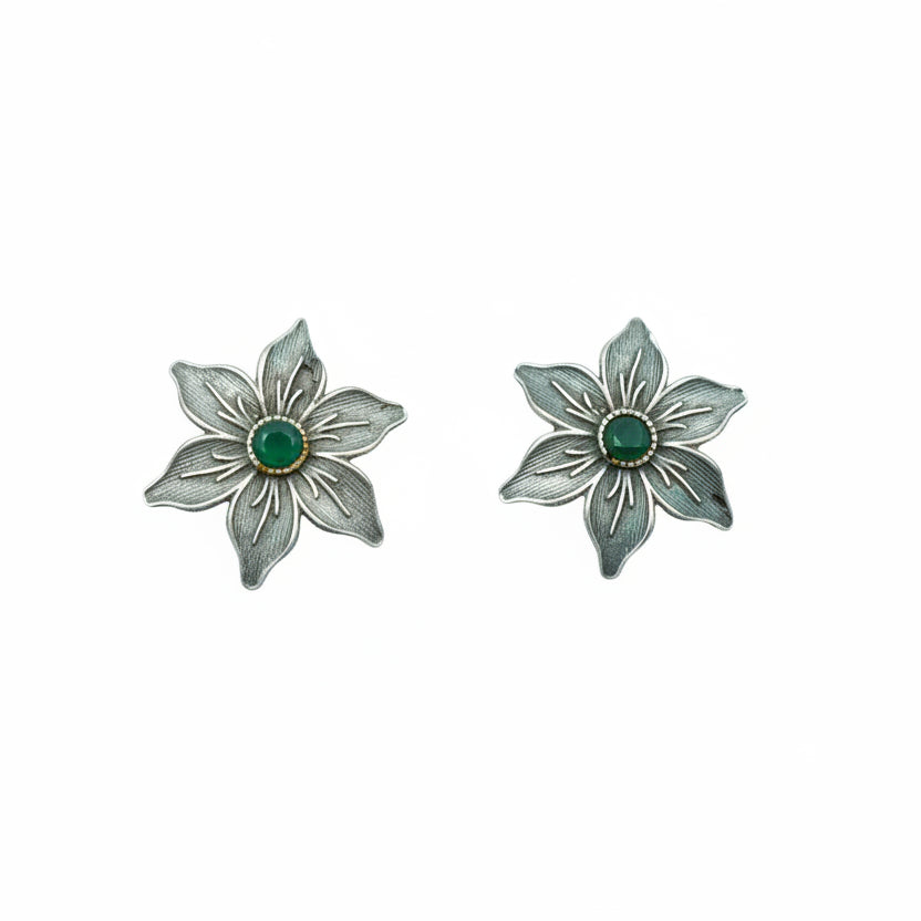 Juhi- Silver Brass Stone-Studded Stud Earrings(Green)