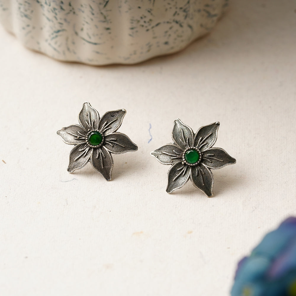 Juhi- Silver Brass Stone-Studded Stud Earrings(Green)