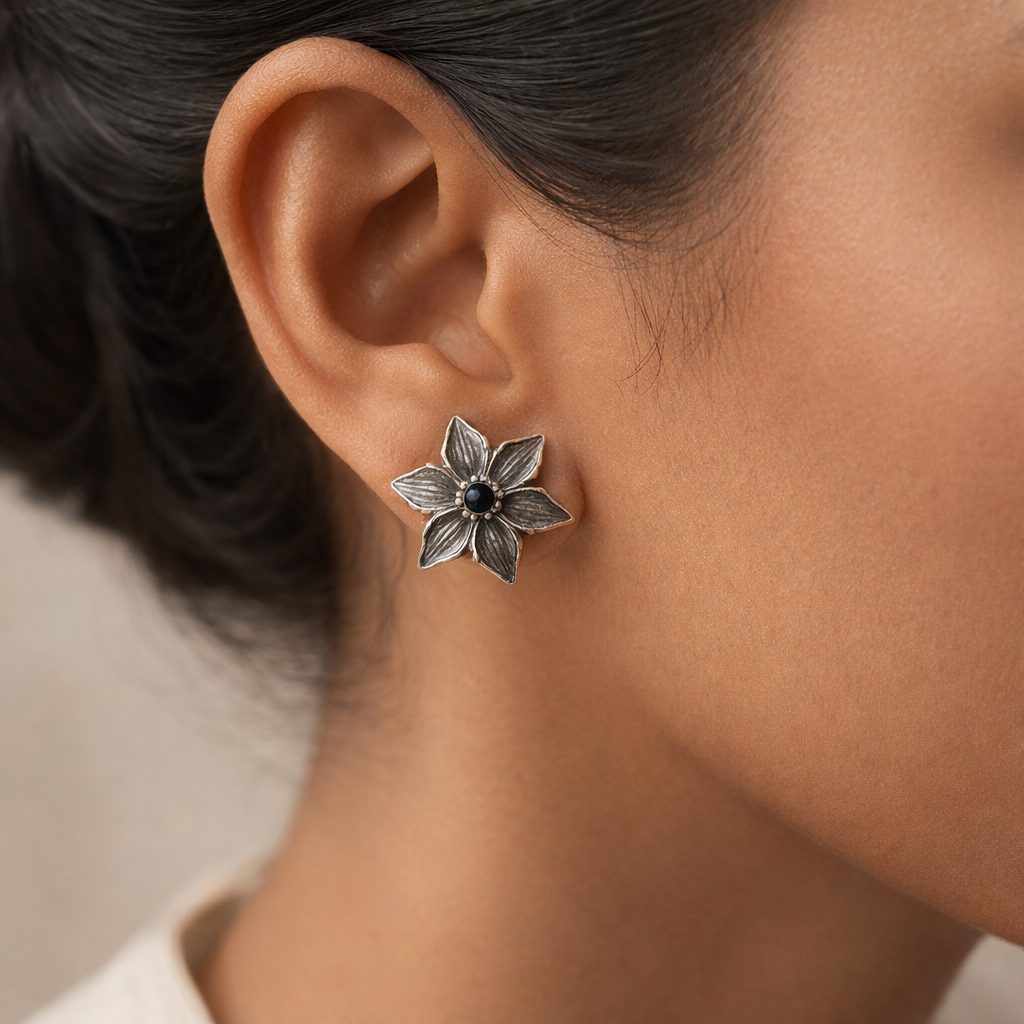 Juhi- Silver Brass Stone-Studded Stud Earrings(Black)