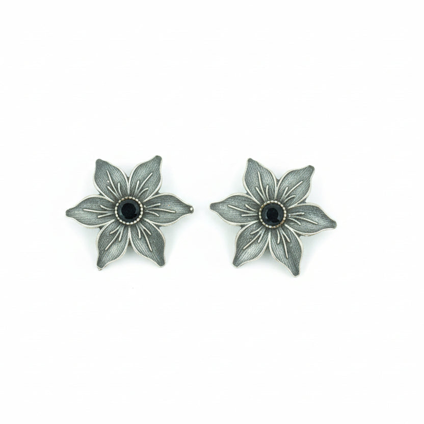 Juhi- Silver Brass Stone-Studded Stud Earrings(Black)