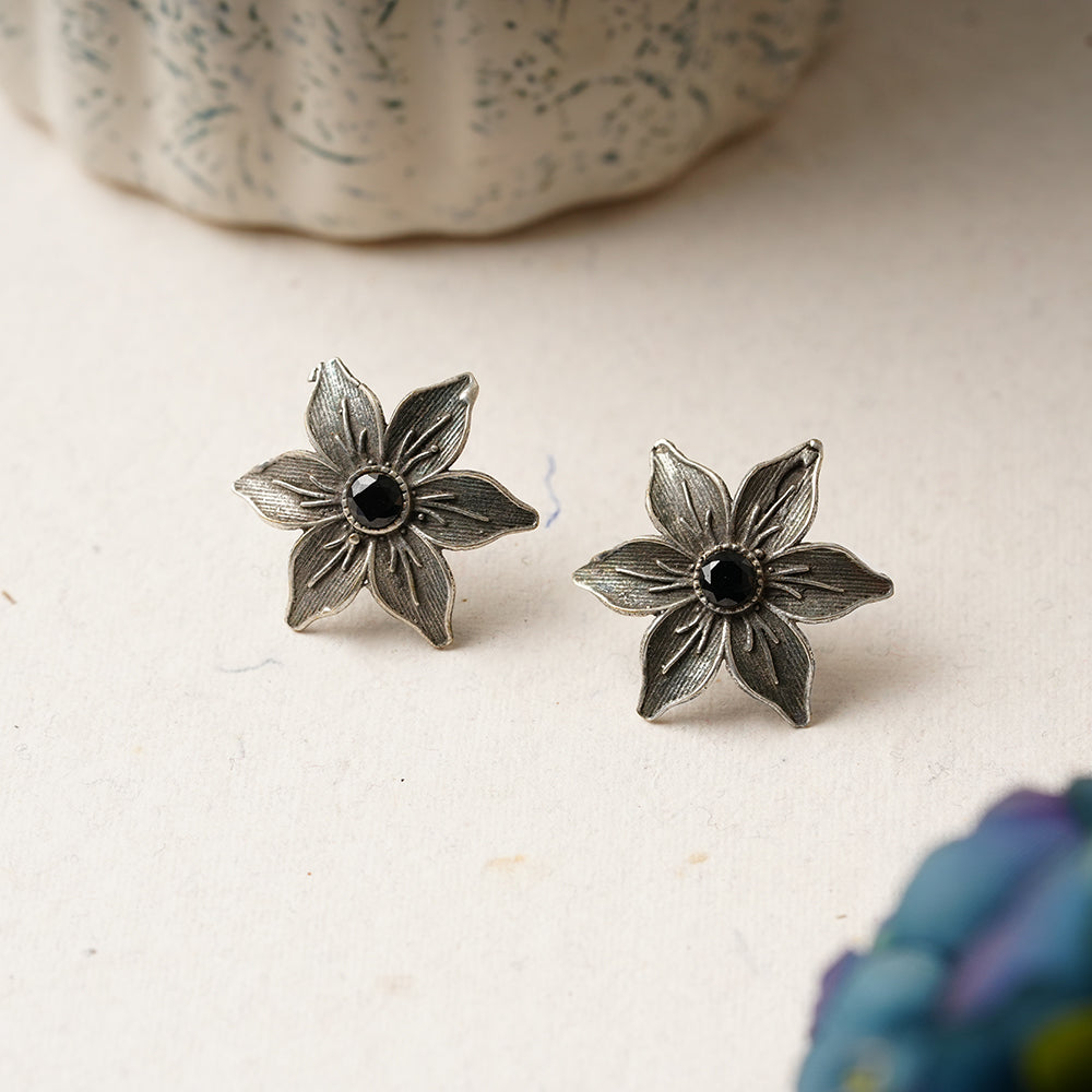 Juhi- Silver Brass Stone-Studded Stud Earrings(Black)