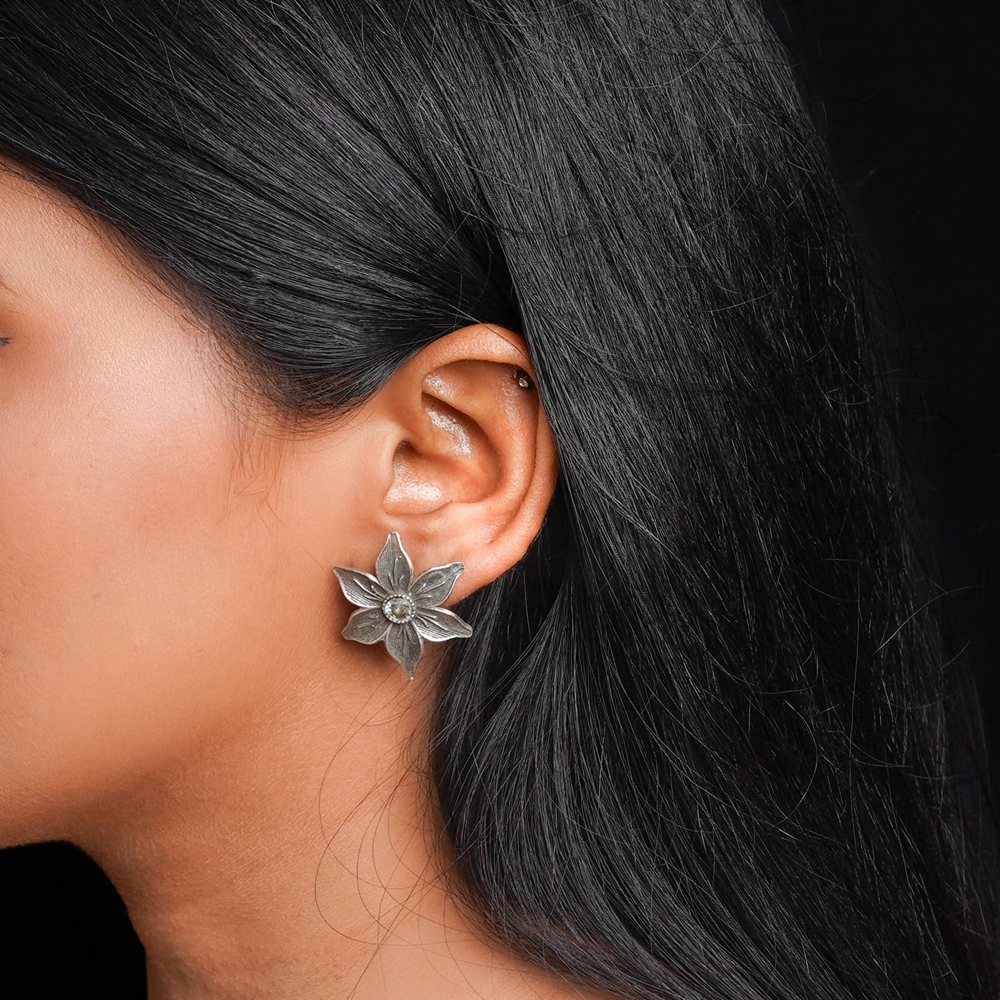 Juhi- Silver Brass Stone-Studded Stud Earrings(White)