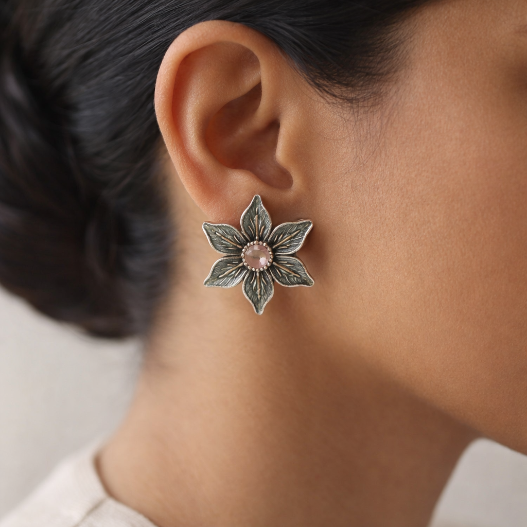 Juhi- Silver Brass Stone-Studded Stud Earrings(Pink)