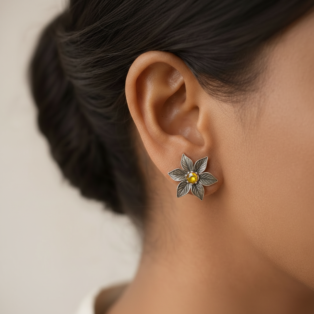 Juhi- Silver Brass Stone-Studded Stud Earrings(Yellow)