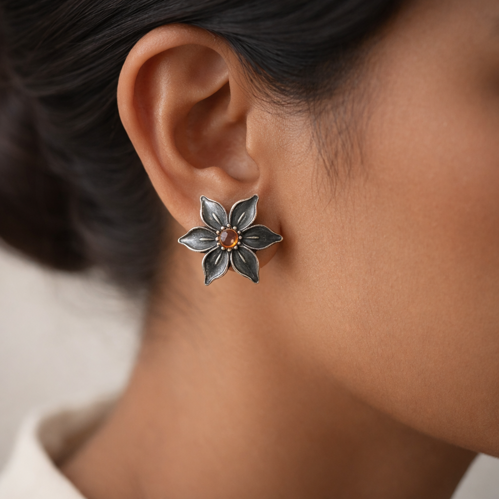 Juhi- Silver Brass Stone-Studded Stud Earrings