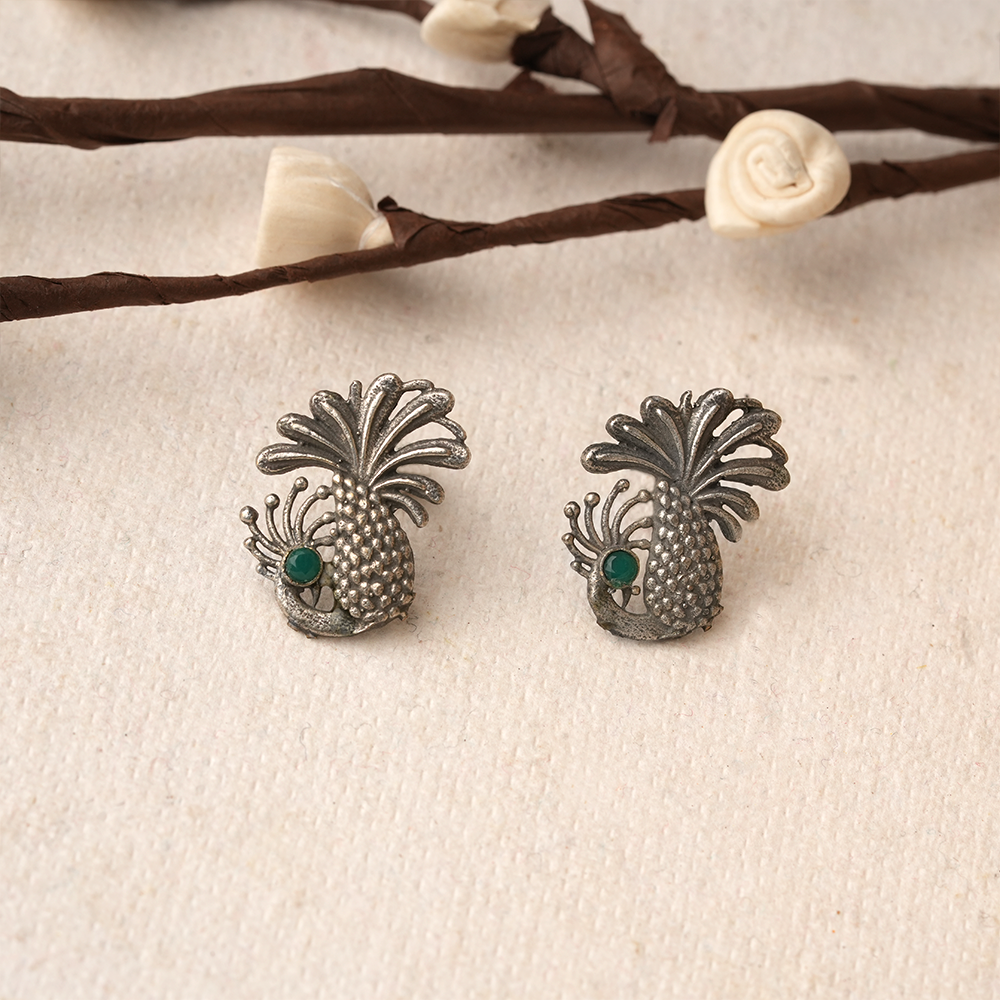 Ananasika- Silver Brass Stone-Studded Stud Earrings(Green)