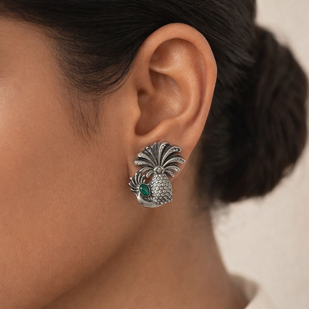 Ananasika- Silver Brass Stone-Studded Stud Earrings(Green)