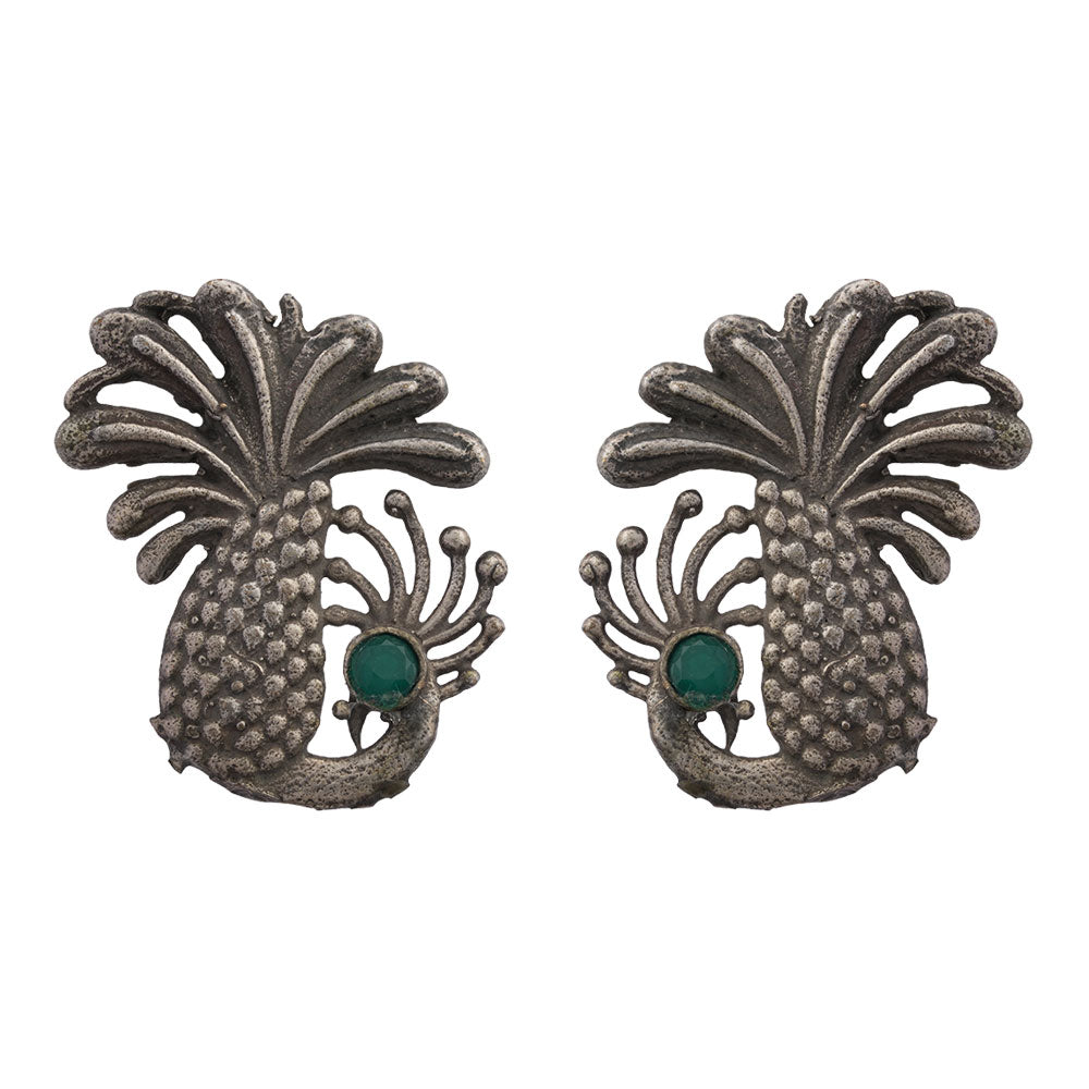 Ananasika- Silver Brass Stone-Studded Stud Earrings(Green)