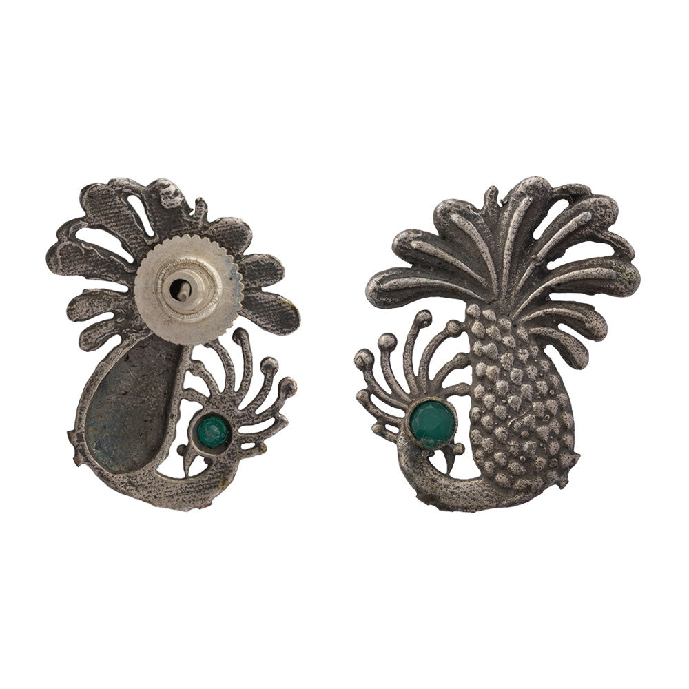 Ananasika- Silver Brass Stone-Studded Stud Earrings(Green)
