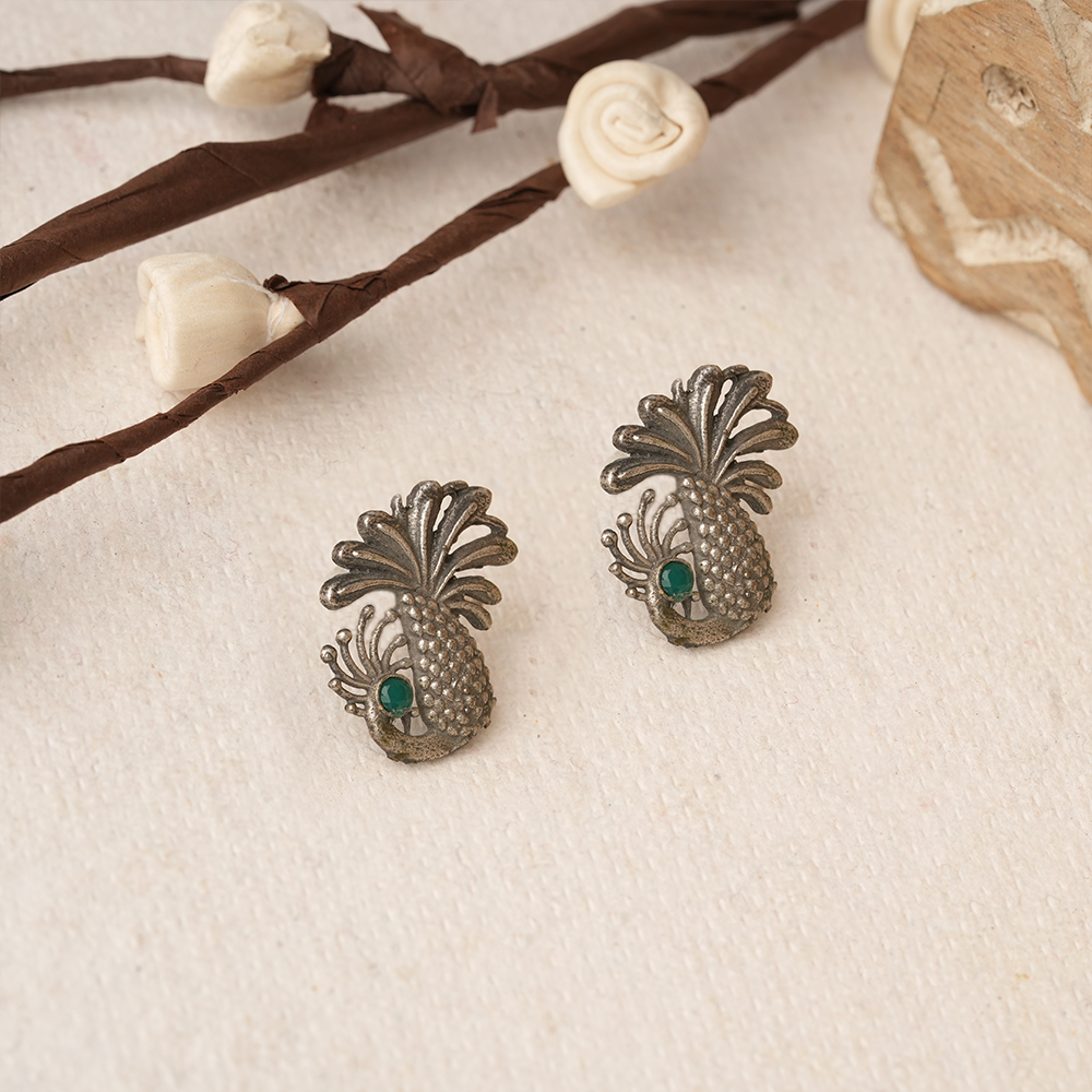 Ananasika- Silver Brass Stone-Studded Stud Earrings(Green)