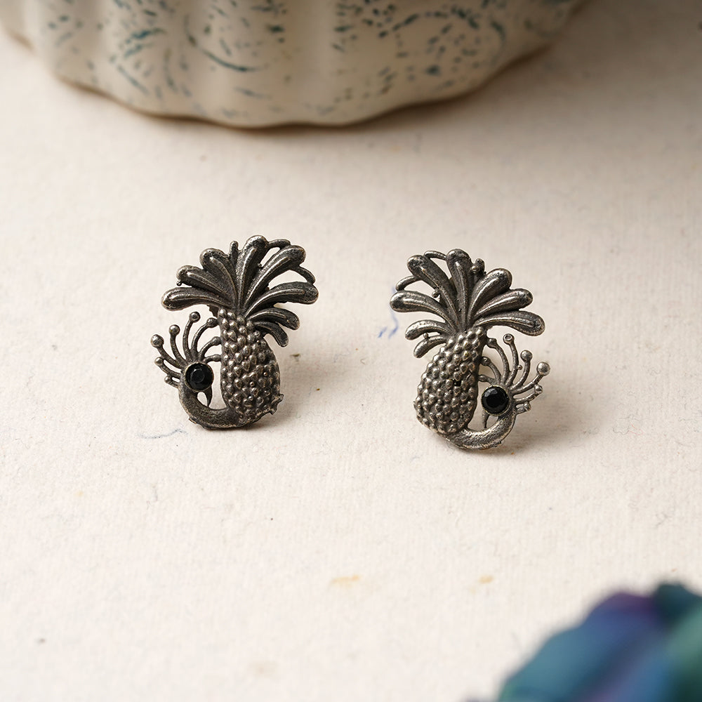 Ananasika- Silver Brass Stone-Studded Stud Earrings(Black)