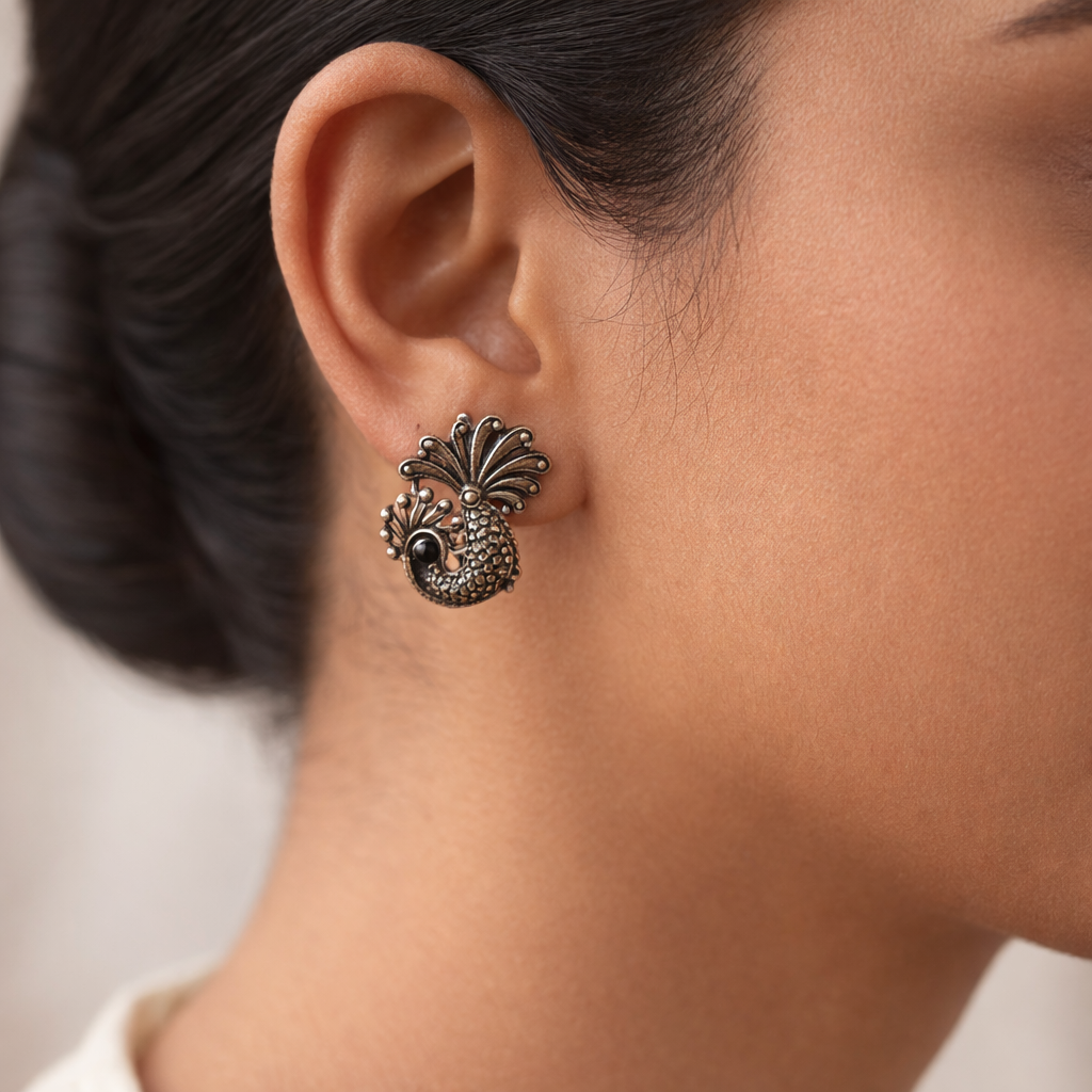 Ananasika- Silver Brass Stone-Studded Stud Earrings(Black)